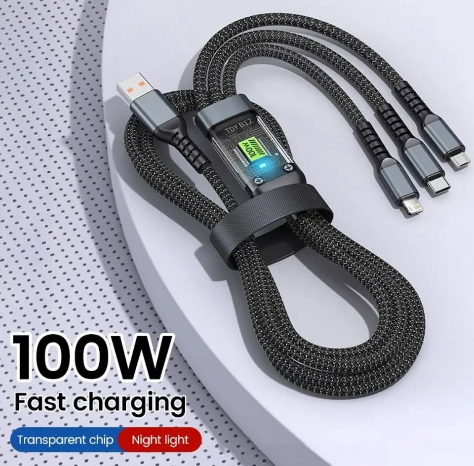 New 3-in-1 Luminous 100W 5A Fast Charging USB To Type-C Lightning Micro Fast Charger Cable