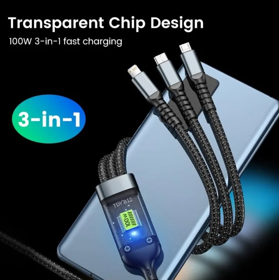 New 3-in-1 Luminous 100W 5A Fast Charging USB To Type-C Lightning Micro Fast Charger Cable