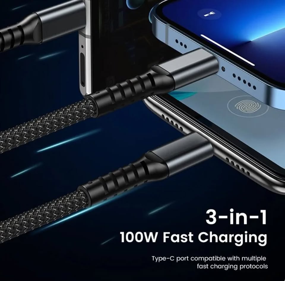 New 3-in-1 Luminous 100W 5A Fast Charging USB To Type-C Lightning Micro Fast Charger Cable