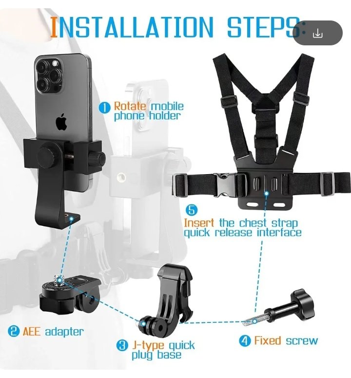 New Adjustable Multi-use 5 pcs Dual Arm Strape Chest Mount Adapter Holder Set for Cell Phone Cam
