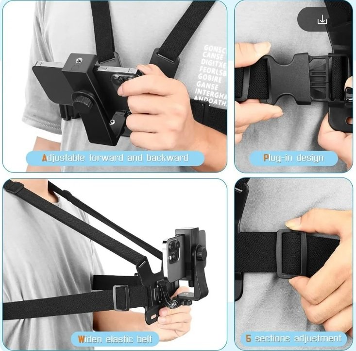 New Adjustable Multi-use 5 pcs Dual Arm Strape Chest Mount Adapter Holder Set for Cell Phone Cam