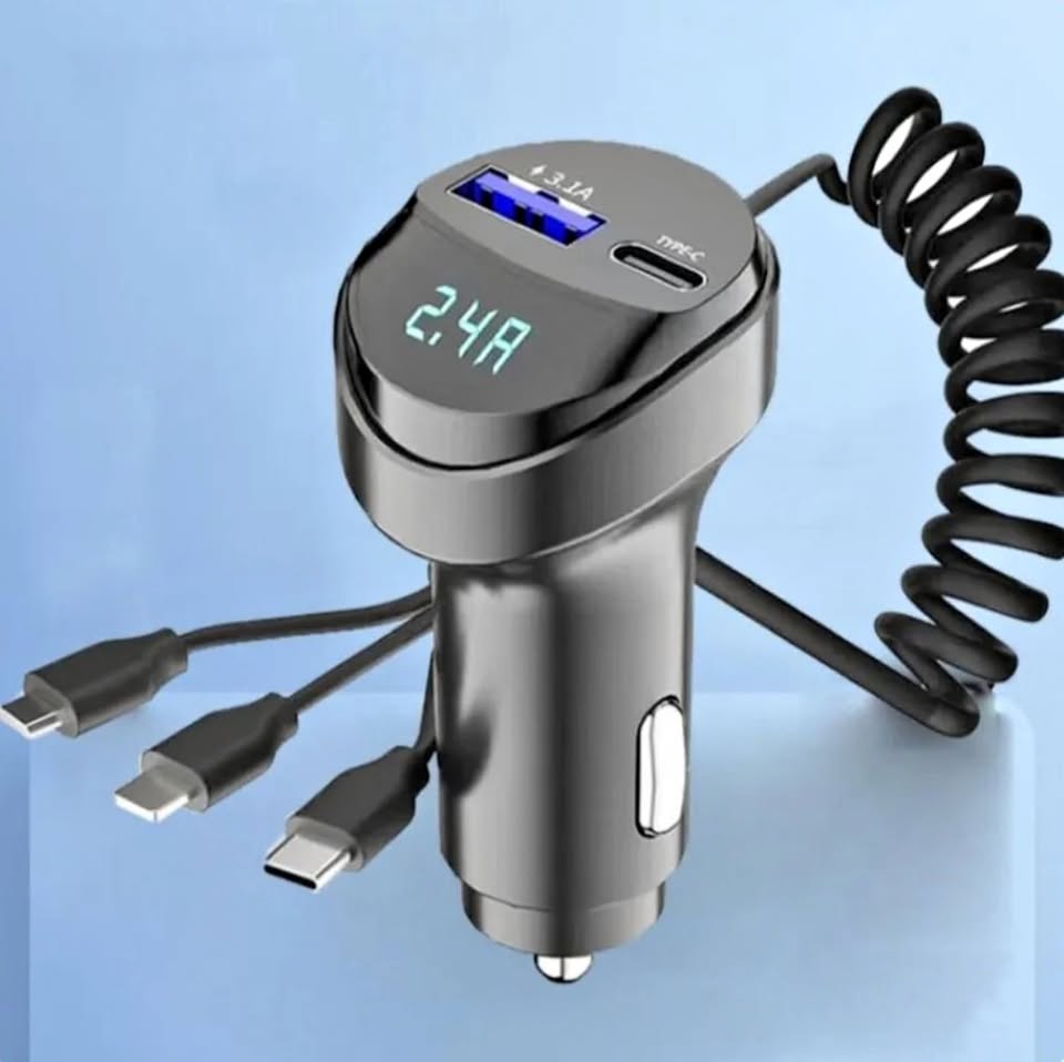 New 3 in 1 Dual Port Fast Phone Car Charger USB Type C LIghtning Micro