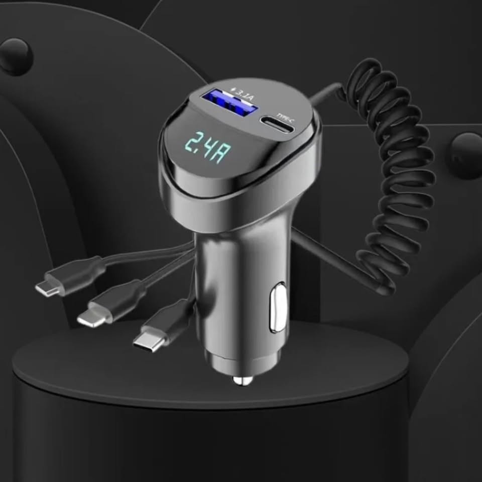 New 3 in 1 Dual Port Fast Phone Car Charger USB Type C LIghtning Micro